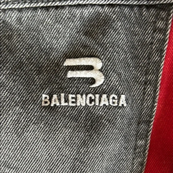 Balenciaga Black Denim Bomber Jacket with Red Accents - Picture 2 of 7
